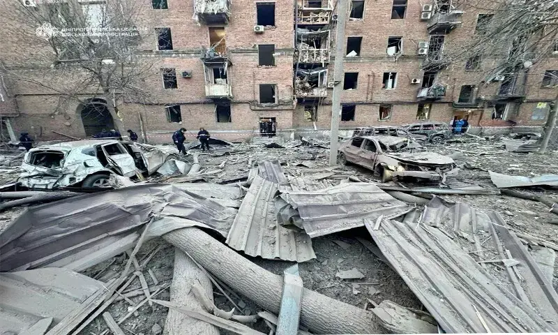 DEBRIS lies around an apartment building hit by a Russian missile and drone strike.&mdash;Reuters