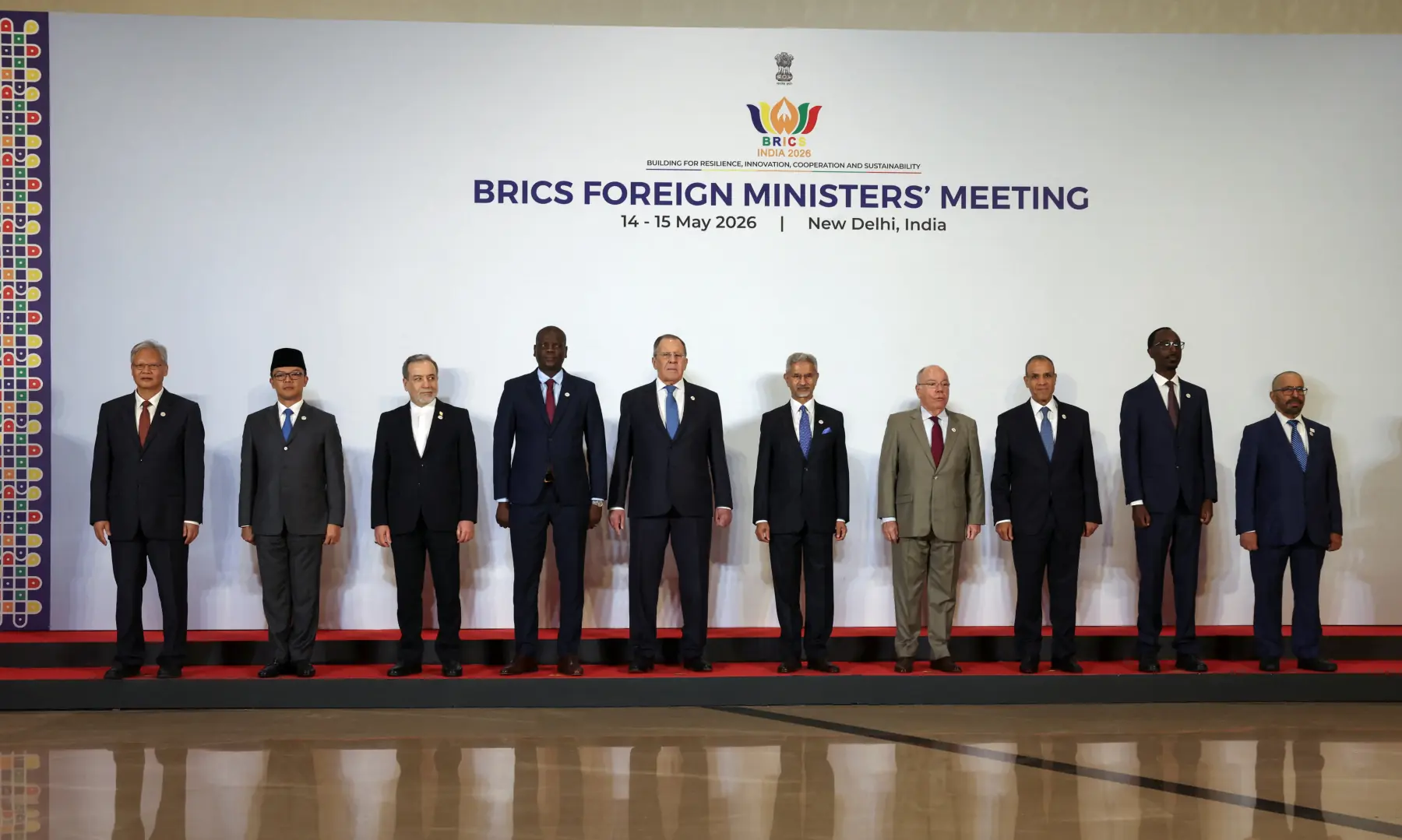 China's Ambassador to India Xu Feihong, Indonesia's FM Sugiono, Iran's FM Abbas Araghchi, South Africa's FM Ronald Lamola, Russia's FM Sergei Lavrov, India's FM S. Jaishankar, Brazil's FM Mauro Vieira, Egypt's FM Badr Abdelatty, Ethiopia's FM Gedion Timothewos and UAE's Minister of State for Foreign Affairs Khalifa bin Shaheen Al Marar pose during the Brics foreign ministers' meeting at Bharat Mandapam in New Delhi on May 14. &mdash; Reuters