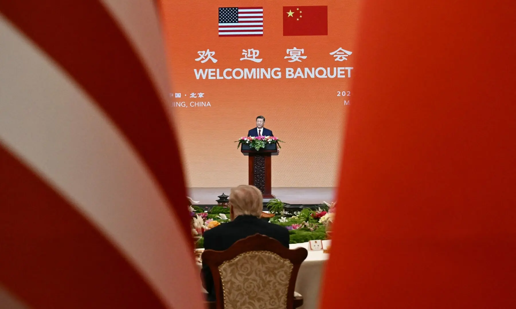 China’s President Xi Jinping makes a toast during a state banquet for US President Donald Trump at the Great Hall of the People in Beijing on May 14, 2026. — AFP