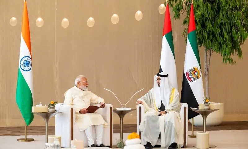 President of the United Arab Emirates, Mohamed bin Zayed Al Nahyan, meets Indian Prime Minister Narendra Modi during an official visit reception, in Abu Dhabi, United Arab Emirates, May 15, 2026. Mohamed Al Hammadi / UAE Presidential Court /Handout via REUTERS