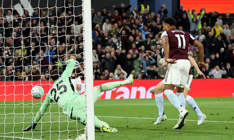 ASTON Villa&rsquo;s Ollie Watkins (R) scores against Liverpool during their Premier League match at Villa Park.&mdash;Reuters