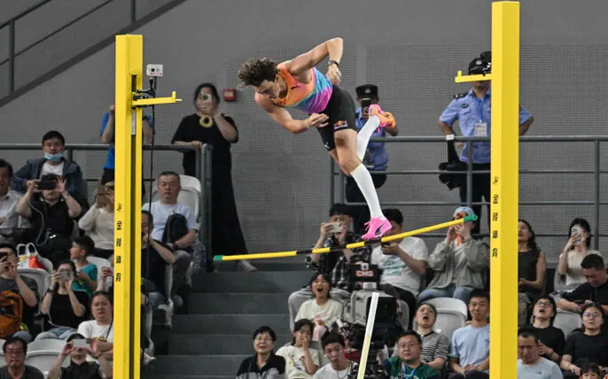SHAOXING: Sweden&rsquo;s Armand Duplantis competes in the pole vault event during the Shanghai/Keqiao Diamond League at the China Textile City Sports Center on Saturday.&mdash;AFP