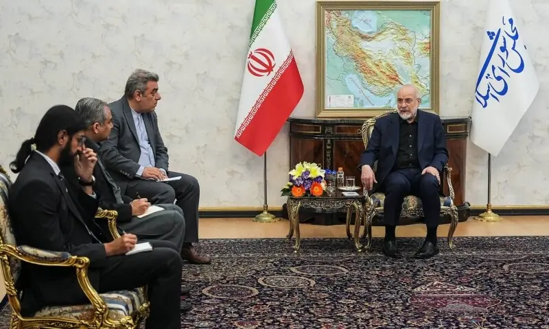  Interior Minister Mohsin Naqvi meets Iran&rsquo;s Parliamentary Speaker Bagher Ghalibaf on May 17. &mdash; Press TV 