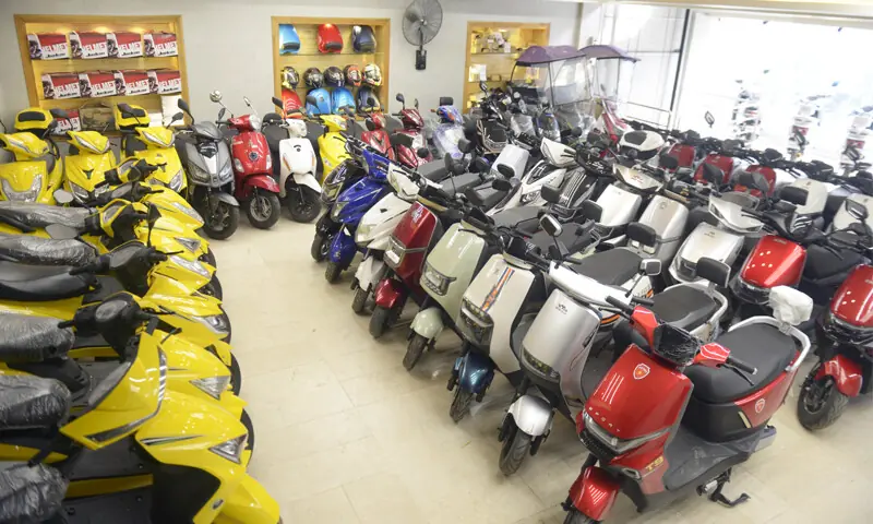 Different models of Electric motorbikes have been displayed in a showroom on Murree Road.