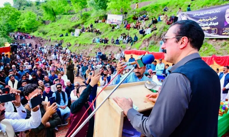 AJK Prime Minister Faisal Mumtaz Rathore speaks at a condolence reference in Bhedi, Haveli, on Sunday. — Photo via author AJK Prime Minister Faisal Mumtaz Rathore speaks at a condolence reference in Bhedi, Haveli, on Sunday. — Photo via author