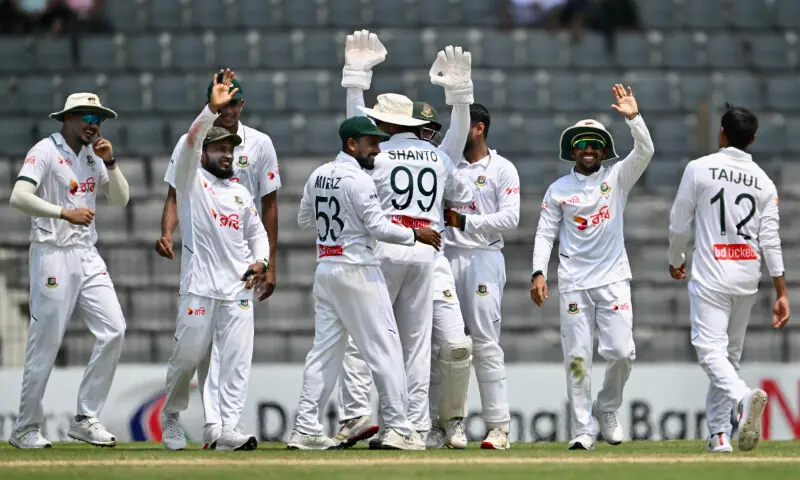 Bangladesh's players celebrate after the dismissal of Pakistan’s Babar Azam during the fourth day of the second Test cricket match between Bangladesh and Pakistan at the Sylhet International Cricket Stadium in Sylhet on May 19, 2026. — AFP Bangladesh's players celebrate after the dismissal of Pakistan’s Babar Azam during the fourth day of the second Test cricket match between Bangladesh and Pakistan at the Sylhet International Cricket Stadium in Sylhet on May 19, 2026. — AFP