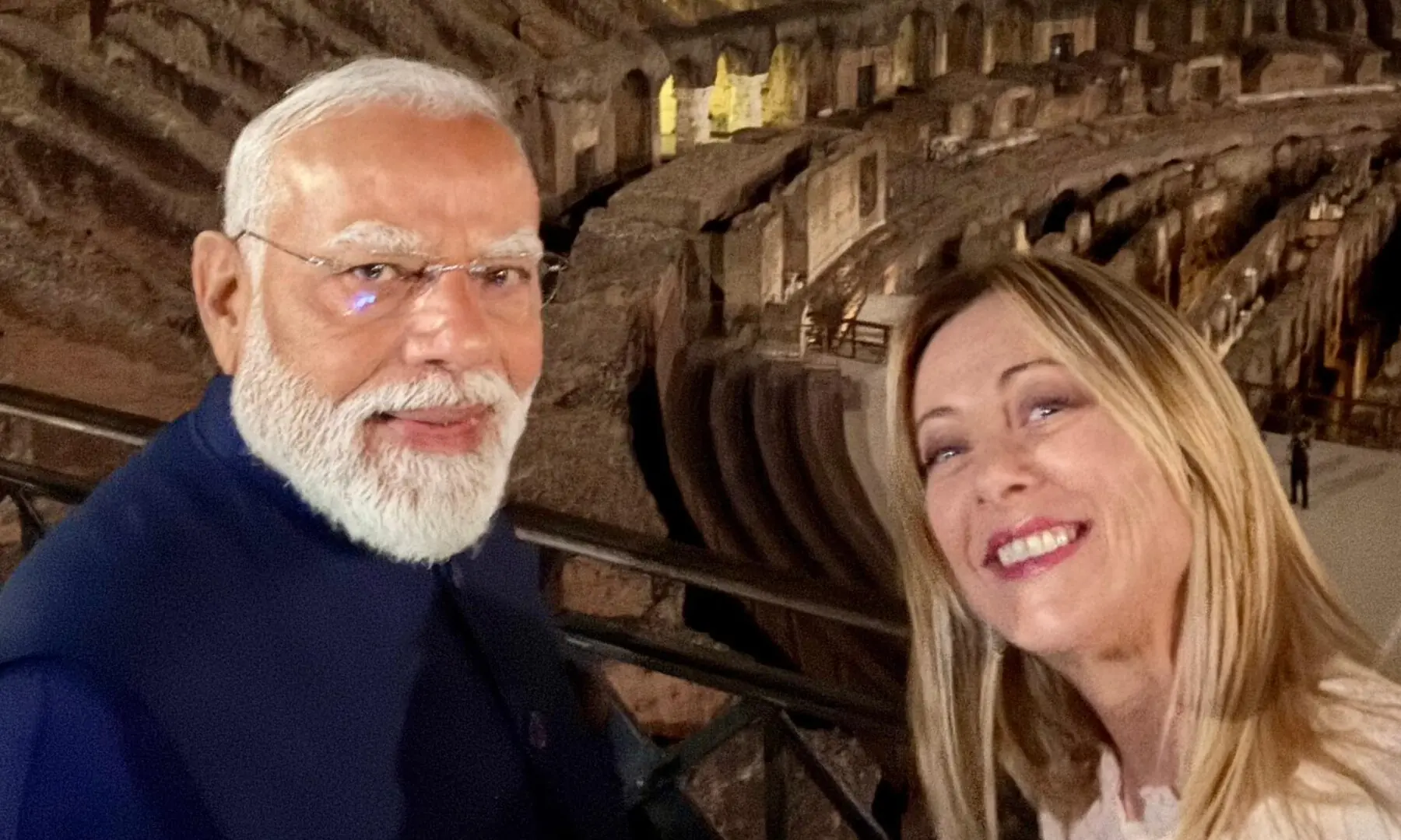 Indian Prime Minister Narendra Modi and Italian Prime Minister Giorgia Meloni take a selfie at the Colosseum in Rome on May 19, 2026. &mdash; X/GiorgiaMeloni