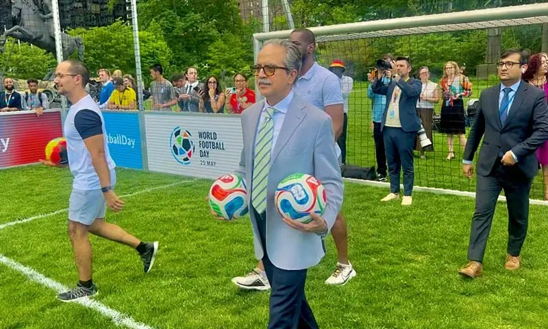 Pakistan's Permanent Representative to the UN Ambassador Asim Iftikhar Ahmad holds Adidas Trionado footballs during an event marking World Football Day at the United Nations in New York, the US on May 20, 2026. — Photo via author Pakistan's Permanent Representative to the UN Ambassador Asim Iftikhar Ahmad holds Adidas Trionado footballs during an event marking World Football Day at the United Nations in New York, the US on May 20, 2026. — Photo via author