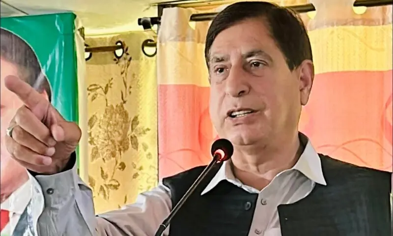 Leader of the Opposition and PML-N regional president Shah Ghulam Qadir gestures during his speech at a party event in Rawalakot on May 20, 2026. &mdash;photo provided by author