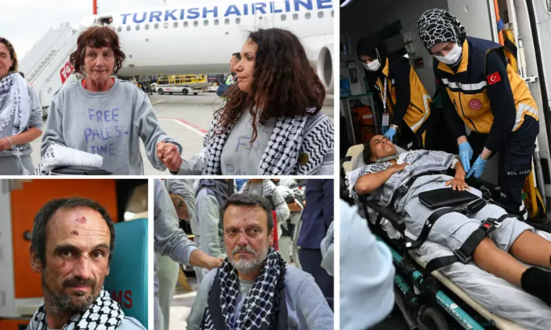 (CLOCKWISE from top left) Margaret Connolly, sister of the Irish president, is helped off a plane at Istanbul airport; an injured French activist is moved into an ambulance; and, marks of the violence meted out to Global Sumud Flotilla activists are visible on their faces. Pakistan’s Saad Edhi was also among the 422 activists freed by Israel after an uproar over their mistreatment, following the release of a video featuring Israeli minister Ben-Gvir.—AFP / Reuters (CLOCKWISE from top left) Margaret Connolly, sister of the Irish president, is helped off a plane at Istanbul airport; an injured French activist is moved into an ambulance; and, marks of the violence meted out to Global Sumud Flotilla activists are visible on their faces. Pakistan’s Saad Edhi was also among the 422 activists freed by Israel after an uproar over their mistreatment, following the release of a video featuring Israeli minister Ben-Gvir.—AFP / Reuters