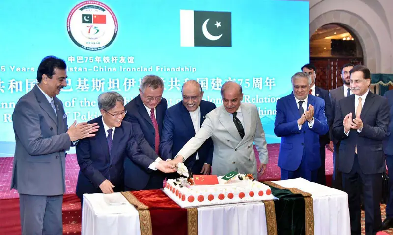 (FROM left) Ambassador Jiang Zaidong, National People&rsquo;s Congress Vice Chairman Cai Dafeng, President Asif Zardari and PM Shehbaz Sharif cut a cake to mark the 75th anniversary of diplomatic relations between Pakistan and China, as Yousaf Raza Gilani, Ishaq Dar and Ayaz Sadiq applaud.&mdash; APP