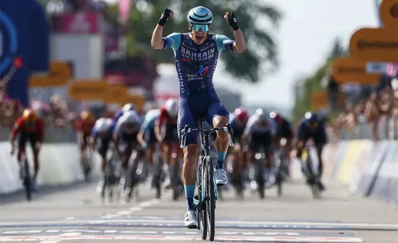 BAHRAIN-Victorious&rsquo; Belgian rider Alec Segaert celebrates as he crosses the finish line to win the 12th stage of the Giro d&rsquo;Italia on Thursday.&mdash;AFP