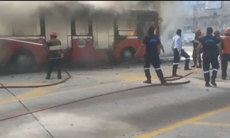 Rescue 1122 officials are putting out a fire on a Metro bus in Rawalpindi on May 23, 2026. — Screengrab via video provided by author Rescue 1122 officials are putting out a fire on a Metro bus in Rawalpindi on May 23, 2026. — Screengrab via video provided by author