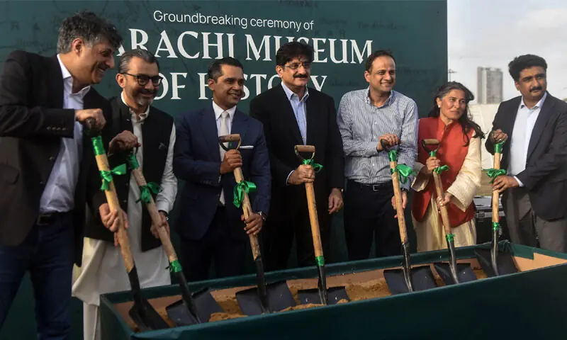 Chief Minister Murad Ali Shah, Mayor Murtaza Wahab, Sharmeen Obaid-Chinoy, Culture Minister Zulfiqar Shah, alongside CAP officials Ahsan Najmi, Jahanzeb Awan and Ziad Bashir, break grounds for the museum project at Beach View Park on Saturday.— Fahim Siddiqi / White Star Chief Minister Murad Ali Shah, Mayor Murtaza Wahab, Sharmeen Obaid-Chinoy, Culture Minister Zulfiqar Shah, alongside CAP officials Ahsan Najmi, Jahanzeb Awan and Ziad Bashir, break grounds for the museum project at Beach View Park on Saturday.— Fahim Siddiqi / White Star