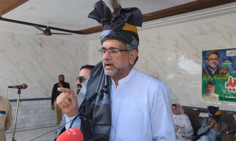 Former prime minister Shahid Khaqan Abbasi addresses a meeting in Shabqadar, Charsadda, on Saturday. — Dawn Former prime minister Shahid Khaqan Abbasi addresses a meeting in Shabqadar, Charsadda, on Saturday. — Dawn