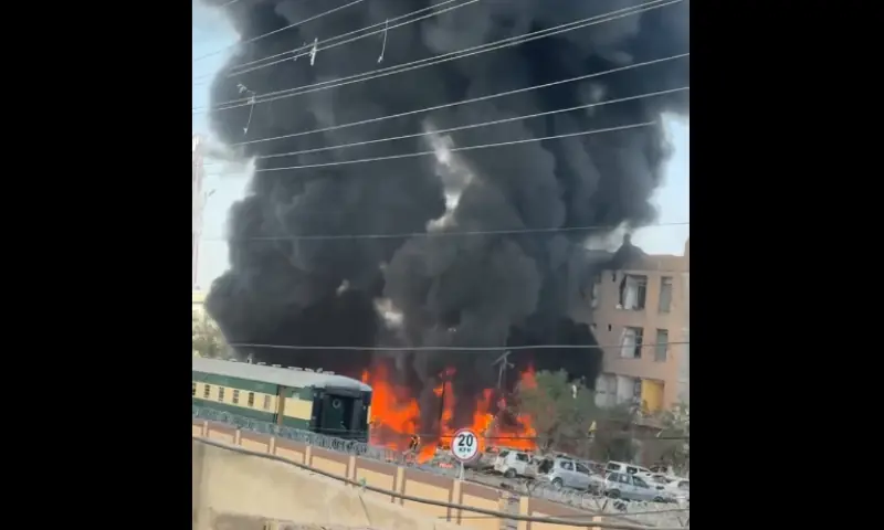 Huge plumes of smoke rise following a blast that hit a shuttle train near Chaman Phatak in Quetta. — screengrab from video via Abdullah Zehri Huge plumes of smoke rise following a blast that hit a shuttle train near Chaman Phatak in Quetta. — screengrab from video via Abdullah Zehri