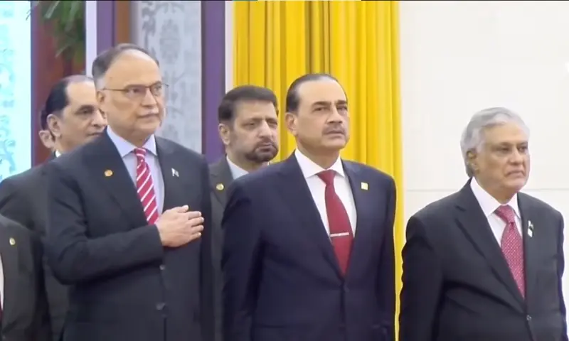 (From L to R) Planning Minister Ahsan Iqbal, CDF Field Marshal Asim Munir and Deputy PM Ishaq Dar are present as PM Shehbaz is at the Great Hall of the People in Beijing on May 25, 2026. &mdash; screengrab via X/GovtofPakistan