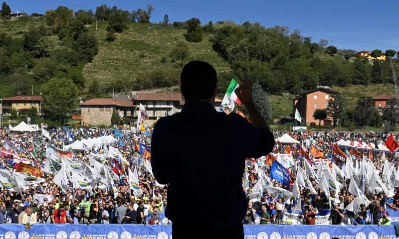 Matteo Salvini, leader of the League party, speaks during a rally ahead of an election, in Pontida, Italy on Sept 18, 2022. &mdash; Reuters/File