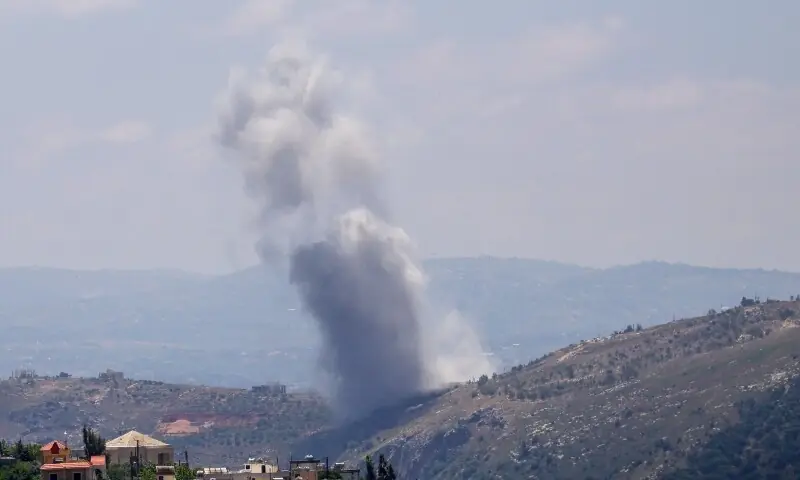 Smoke rises following an Israeli air raid on the southern Lebanese village of Yohmor on May 26. &mdash; AFP