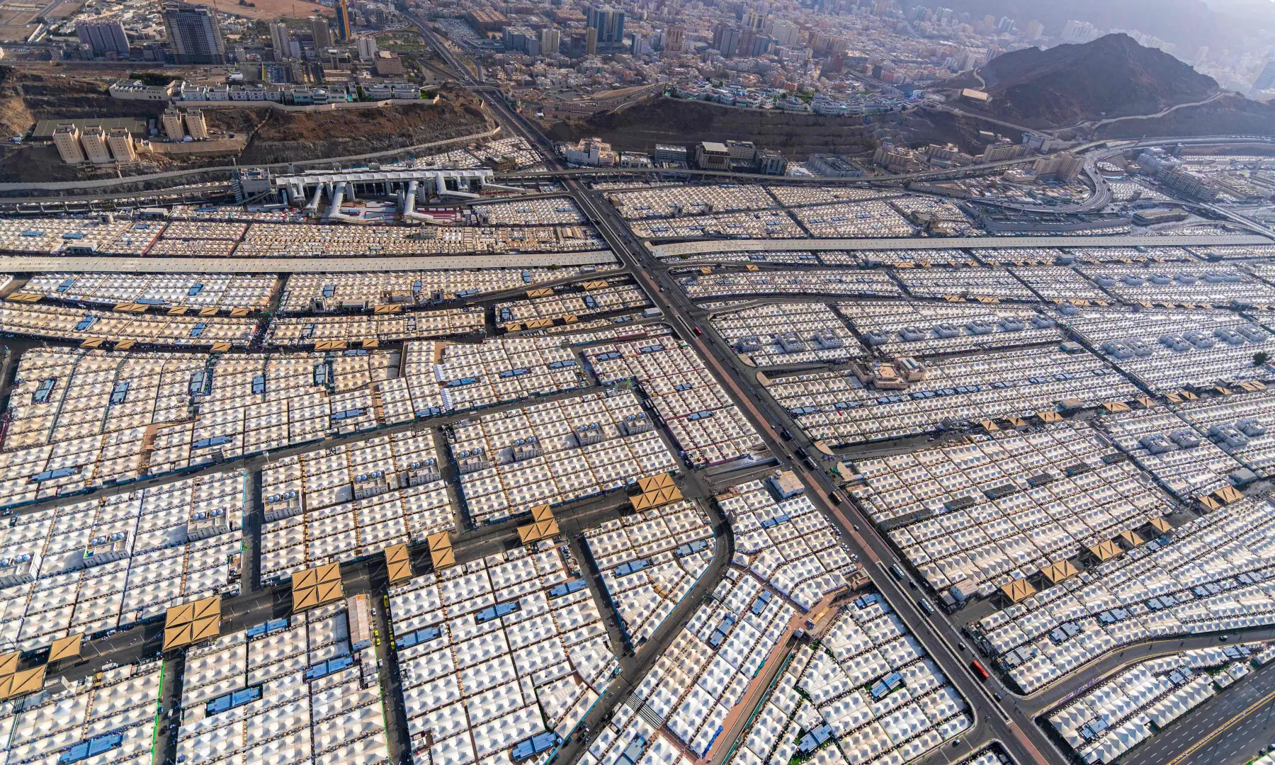This aerial handout photograph released by the Saudi Press Agency (SPA) shows rows of tents housing pilgrims in Mina, near Makkah, on May 25, 2026. &mdash; AFP