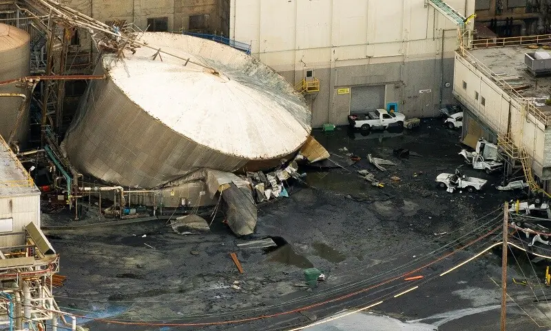 A drone view of a chemical tank after its rupture at the Nippon Dynawave Packaging pulp and paper mill in Longview, Washington, US, May 26, 2026. &mdash; Reuters