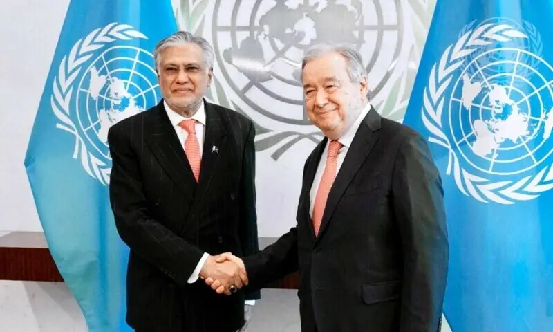 Foreign Minister Ishaq Dar meets with UN chief Antonio Guterres in New York. — @ForeignOfficePk on X/File Foreign Minister Ishaq Dar meets with UN chief Antonio Guterres in New York. — @ForeignOfficePk on X/File