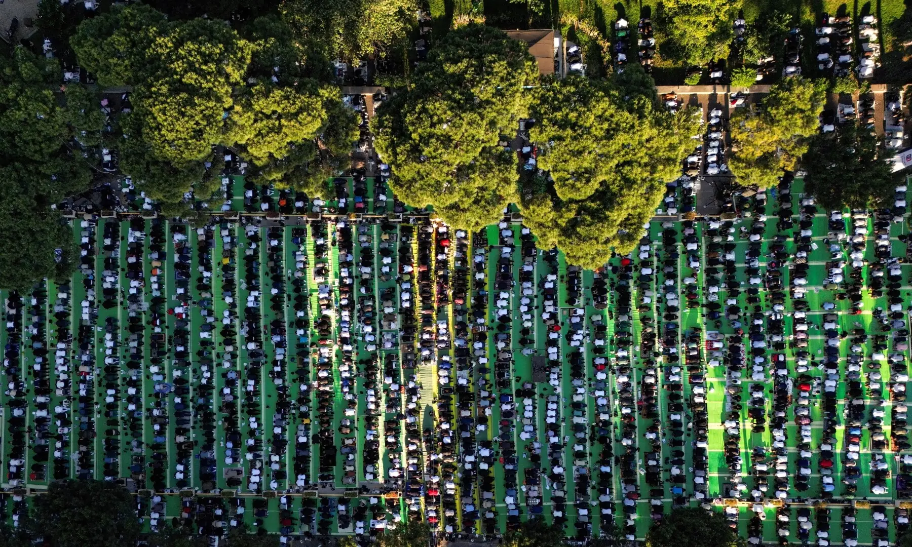 A drone view shows Albanian Muslims attending morning prayers during Eid al-Adha celebrations at the main boulevard, in Tirana, Albania, May 27. — Reuters