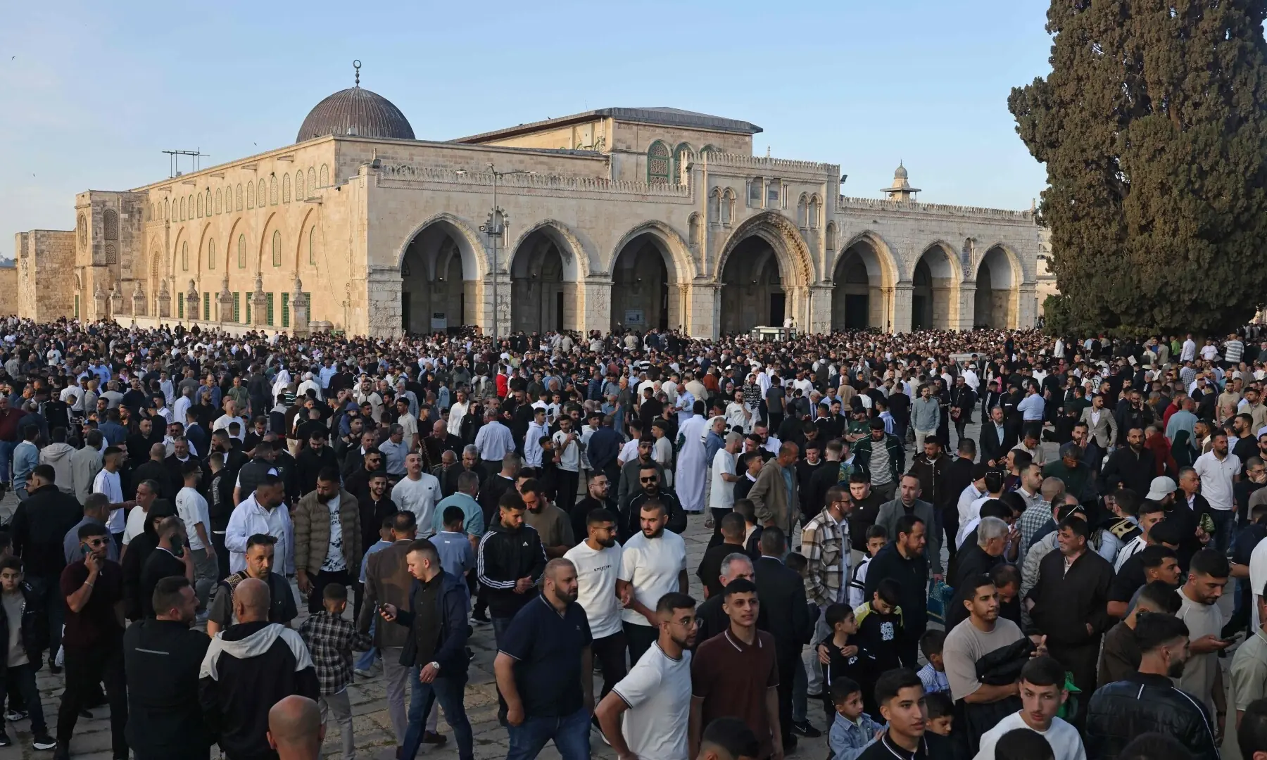 Muslim devotees gather at the Al-Aqsa Mosque compound in Jerusalem on May 27, 2026, to mark the start of Eid al-Adha, the Feast of Sacrifice. — AFP