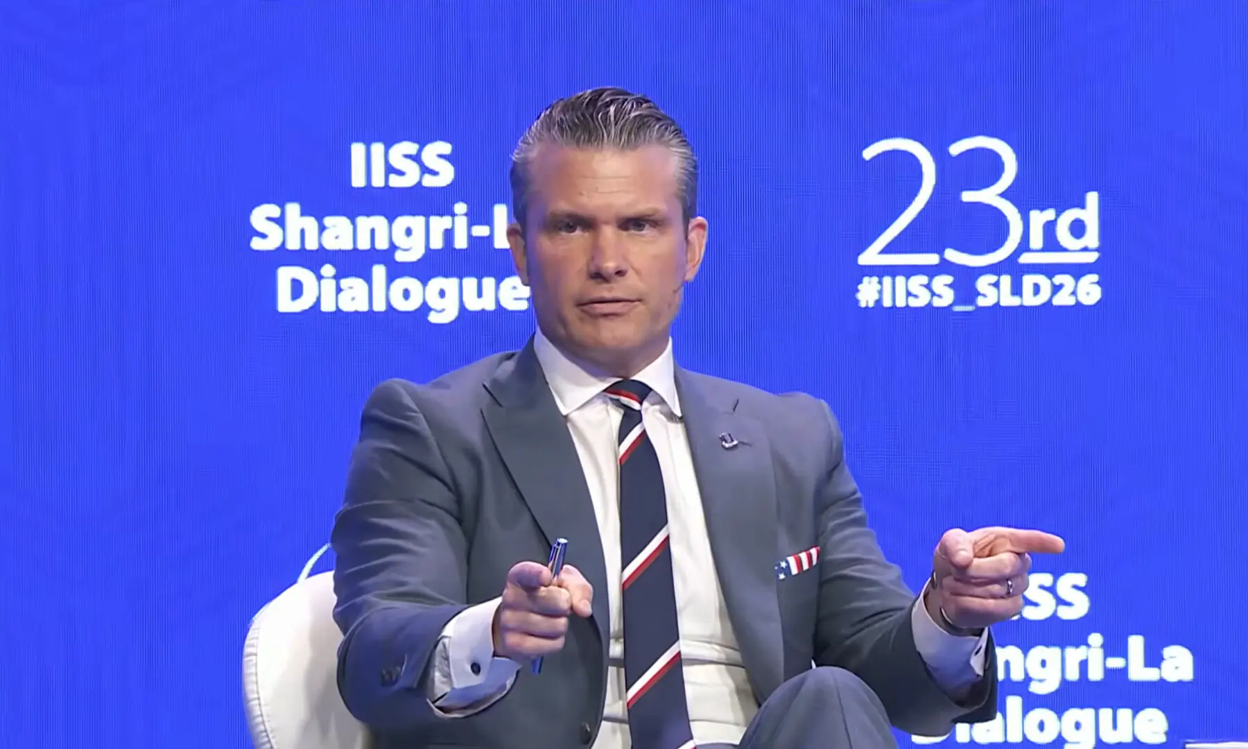 US Secretary of Defence Pete Hegseth speaks during the 23rd Shangri-La Dialogue summit in Singapore on May 30, 2026. &mdash; screengrab via YouTube/The International Institute for Strategic Studies