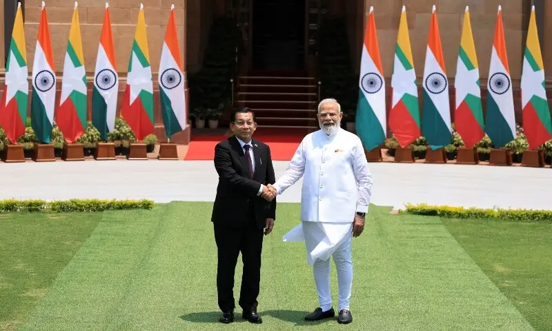 Myanmar's President Min Aung Hlaing shakes hands with India's Prime Minister Narendra Modi before their meeting at the Hyderabad House in New Delhi, India on June 1, 2026. &mdash; Reuters