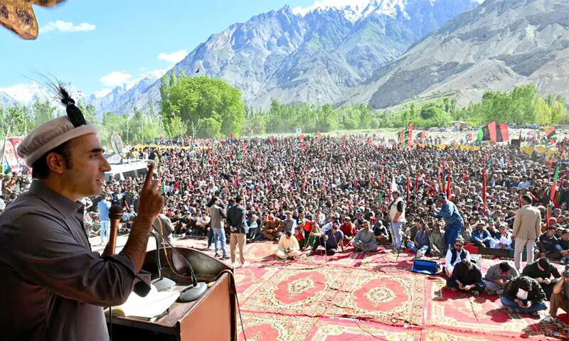 SHIGAR: PPP Chairperson Bilawal Bhutto-Zardari addresses a public gathering during campaigning for the upcoming Gilgit-Baltistan elections.—Online SHIGAR: PPP Chairperson Bilawal Bhutto-Zardari addresses a public gathering during campaigning for the upcoming Gilgit-Baltistan elections.—Online