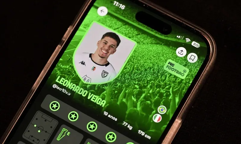 Brazilian football player Leonardo Veiga is seen on the screen of the Foot Bao app, in Sao Paulo, Brazil, on April 22, 2026. &mdash;AFP