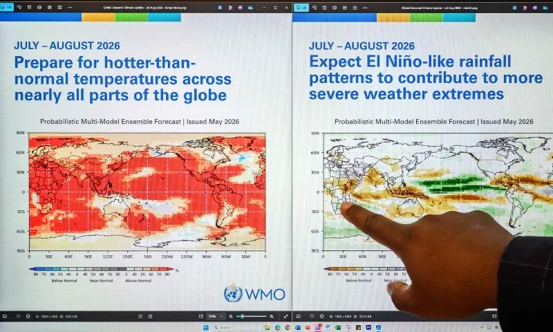 Head of climate prediction services at the World Meteorological Organization (WMO) Wilfran Moufouma-Okia points on graphs displayed on a computer screen at the WMO headquarters in Geneva, on June 1, 2026. — AFP Head of climate prediction services at the World Meteorological Organization (WMO) Wilfran Moufouma-Okia points on graphs displayed on a computer screen at the WMO headquarters in Geneva, on June 1, 2026. — AFP