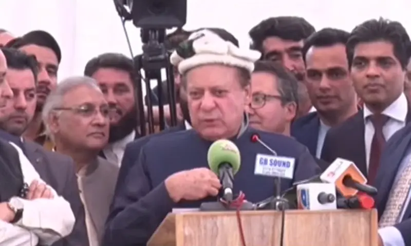 PML-N President Nawaz Sharif addresses a public gathering in Gilgit, on June 2, 2026. &mdash; DawnNewsTV
