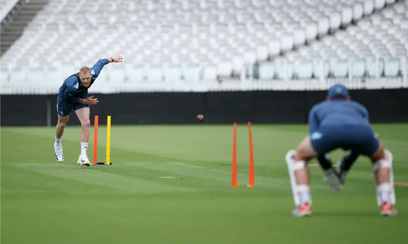 LONDON: England captain Ben Stokes bowls during a practice session at Lord&rsquo;s on Tuesday.&mdash;Reuters
