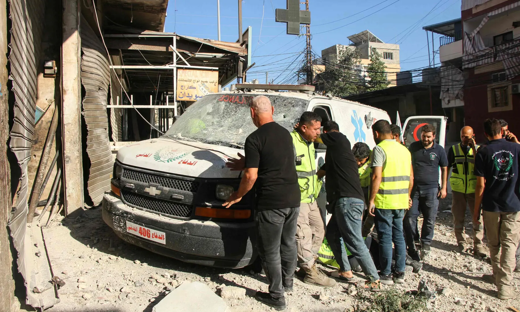 Emergency personnel inspect damage to an ambulance following Israeli airstrikes in the Burj al-Chamali area near the southern city of Tyre, on June 2, 2026. &mdash; AFP