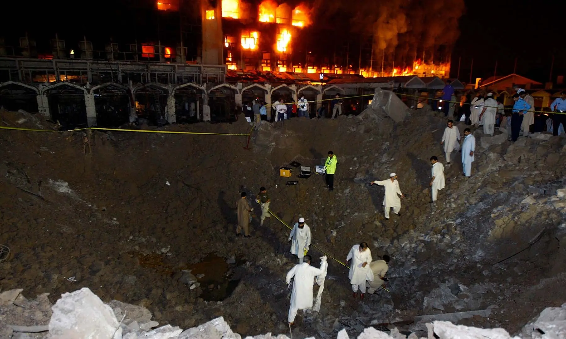 The site of a truck bomb attack on the Marriott hotel in Islamabad on September 20, 2008. &mdash; Reuters/File