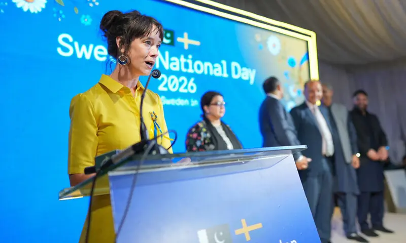 Swedish Ambassador to Pakistan Alexandra Berg von Linde speaks at a reception held on the occasion of her country&rsquo;s National Day in Islamabad on Wednesday. &mdash; White Star