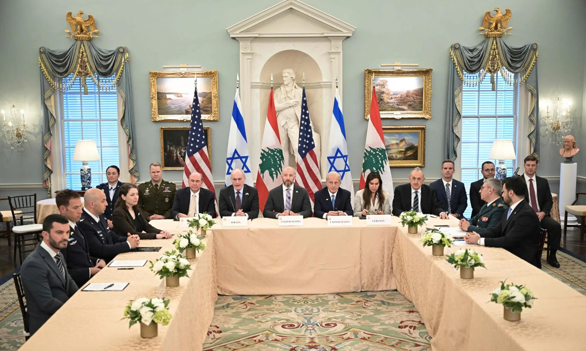 srael's Ambassador to the US Yechiel Leiter, State Department Chief of Staff Daniel Holler, US Ambassador to Lebanon Michel Issa and Lebanese Ambassador to the US Nada Hamadeh attend a meeting between Israeli and Lebanese delegations hosted by the United States at the State Department in Washington, DC, on June 3, 2026. &mdash; AFP