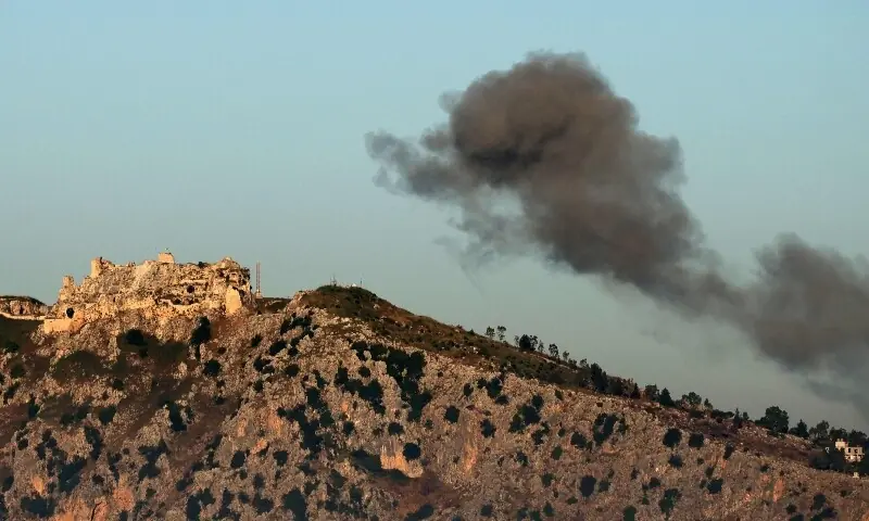  This photograph taken from the southern Lebanese area of Marjayoun shows smoke flying above the medieval Beaufort Castle, locally known as Qalaat al-Shaqif or Shaqif Arnoun, near the site of an Israeli strike that targeted the village of Arnoun on June 3, 2026. &mdash;AFP 
