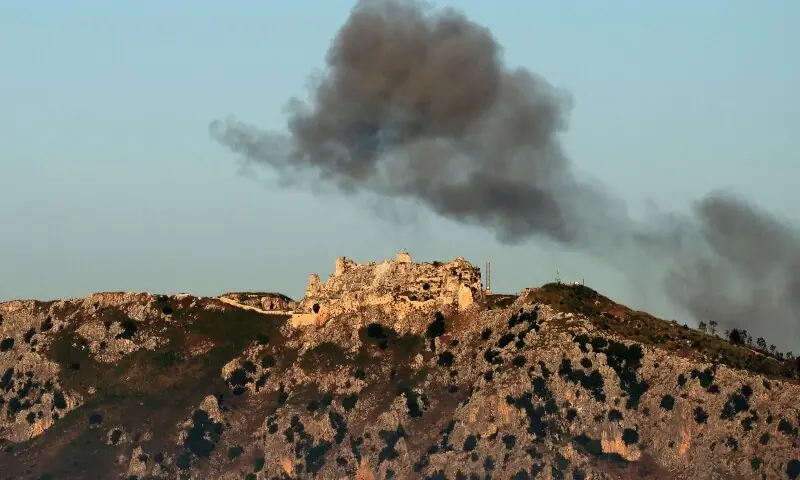  This photograph taken from the southern Lebanese area of Marjayoun shows smoke flying above the medieval Beaufort Castle, locally known as Qalaat al-Shaqif or Shaqif Arnoun, near the site of an Israeli strike that targeted the village of Arnoun on June 3, 2026. &mdash;AFP 