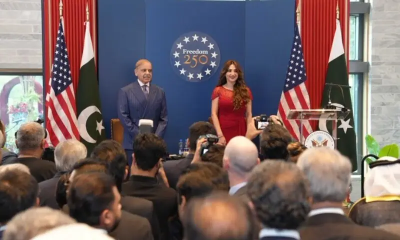 Prime Minister Shehbaz Sharif and US Charge d&rsquo;Affairs Natalie Baker stand on the stage at a ceremony commemorating the United States&rsquo; 250th anniversary in Islamabad on June 4, 2026. &mdash; X/@usembislamabad