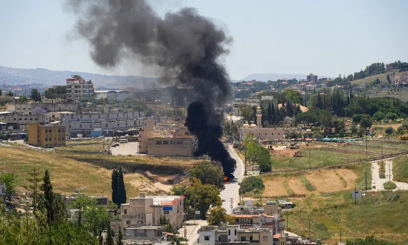 Black smoke billows at a strike scene following an Israeli strike on a car as seen from Nabatieh, Lebanon on June 5, 2026. — Reuters