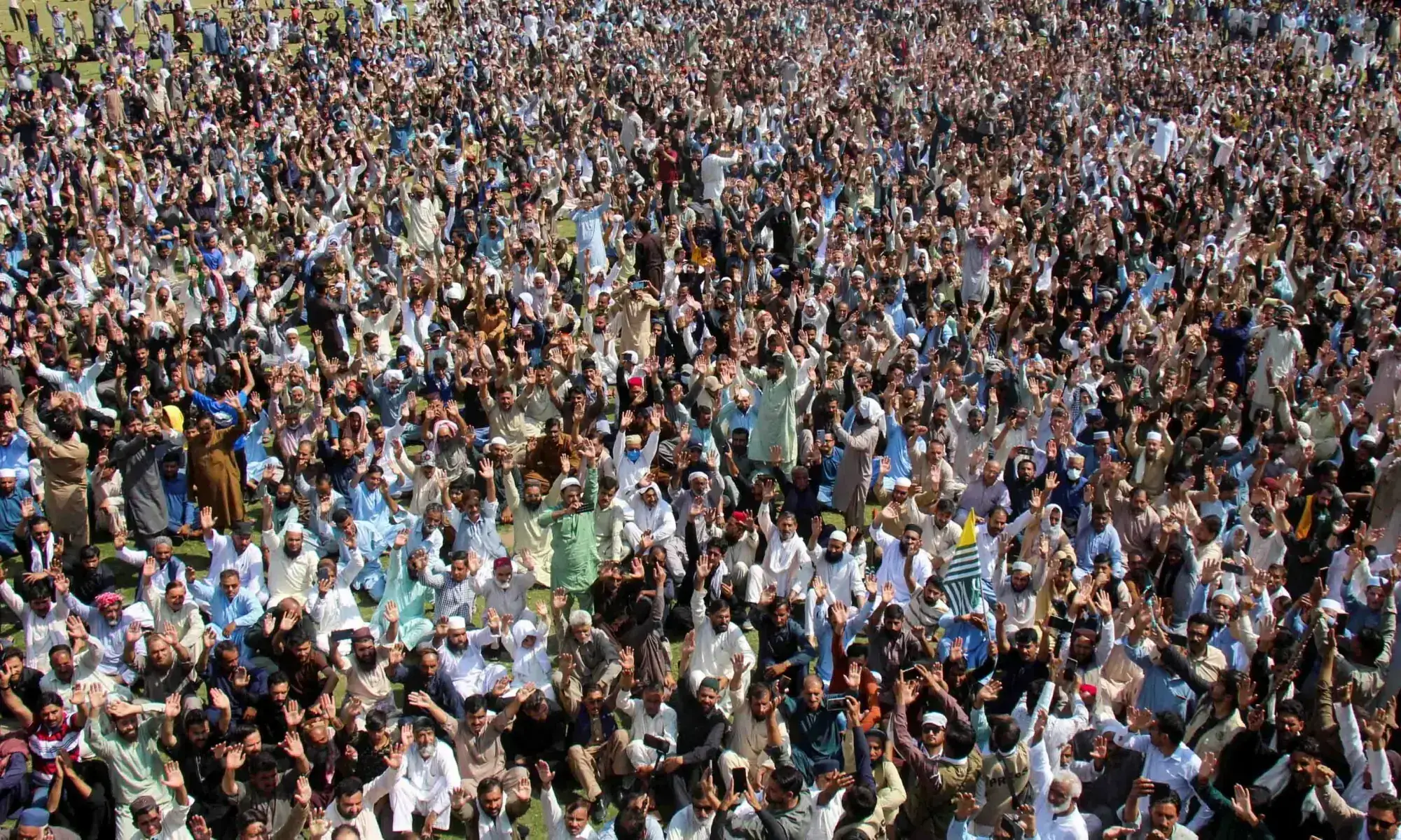 Supporters of the Joint Awami Action Committee (JAAC) chant slogans as they gather to attend the funeral of men who were killed during a protest following a shutter-down strike in Muzaffarabad on October 2, 2025. &mdash; Reuters/File