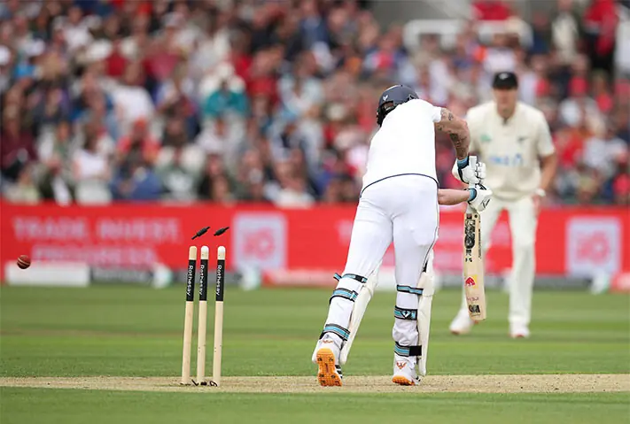 LONDON: England captain Ben Stokes is cleaned up by New Zealand fast bowler Nathan Smith during the first Test at Lord&rsquo;s on Friday.&mdash;Reuters