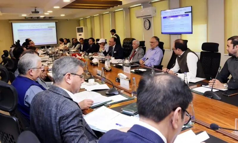 Finance Minister Muhammad Aurangzeb presides over a meeting of the Economic Coordination Com&shy;mittee on Friday. &mdash; @Financegovpk/X