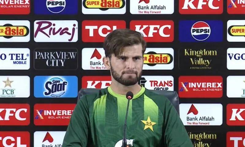 Pakistan skipper Shaheen Shah Afridi speaks at a post-match media conference at the Gaddafi Stadium. &mdash; Screenshot courtesy @TheRealPCBMedia/X