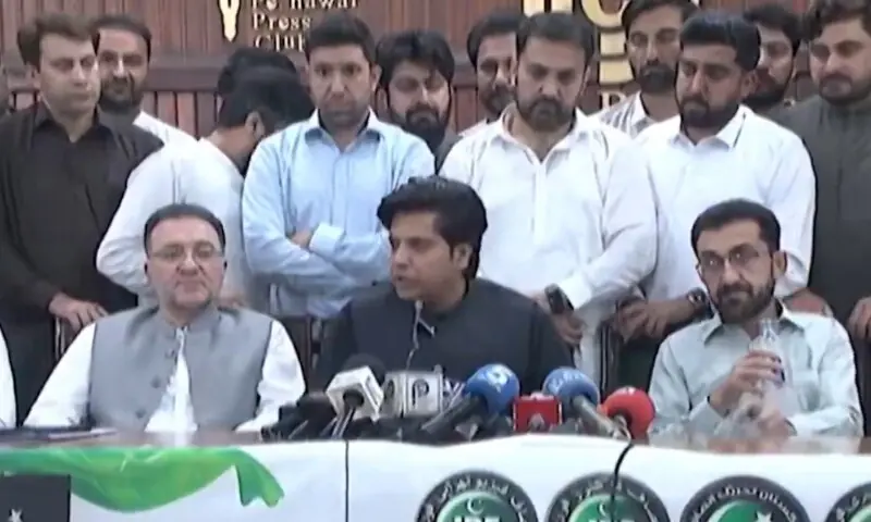 Khyber Pakhtunkhwa Information and Public Relations Minister Shafi Jan addresses a news conference at Peshawar Press Club on June 5, 2026. &mdash; screengrab via video from @ShafiJanPTI/X