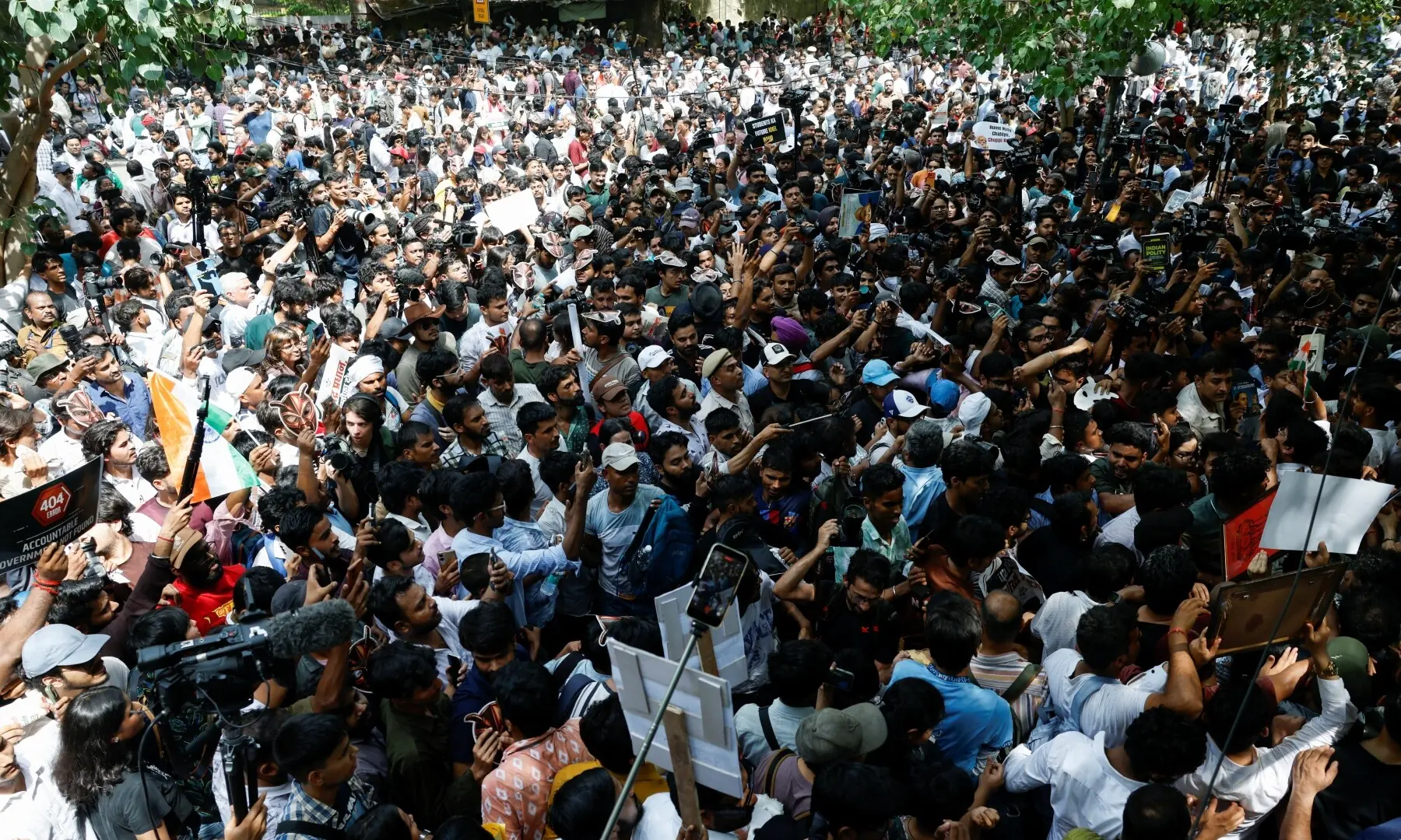 Supporters of the Cockroach Janta Party (CJP) gather during a sit-in protest demanding the resignation of Indian Education Minister Dharmendra Pradhan, in New Delhi, India on June 6, 2026. —Reuters