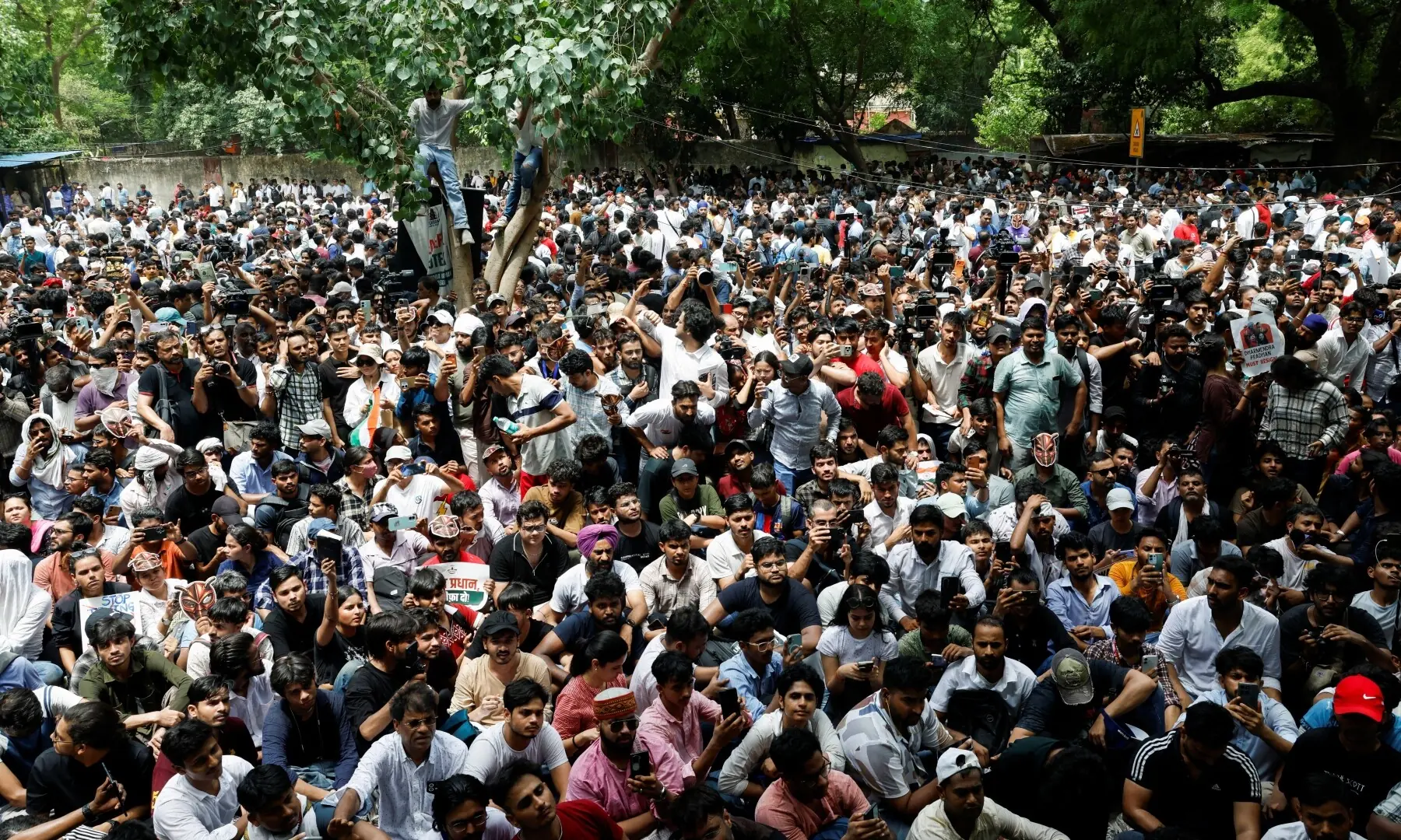 Supporters of the Cockroach Janta Party (CJP) gather during a sit-in protest demanding the resignation of Indian Education Minister Dharmendra Pradhan, in New Delhi, India on June 6, 2026. —Reuters